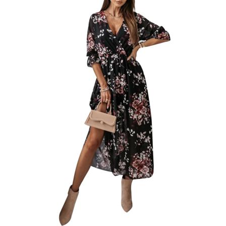 Kvinnor Print Lång Klänning Sommar Boho Sexig V-ringad Halv Slee