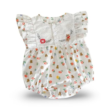Utrolig søt shortsdress & jumpsuit volangblonde blomst & bamse 0-6 måneder