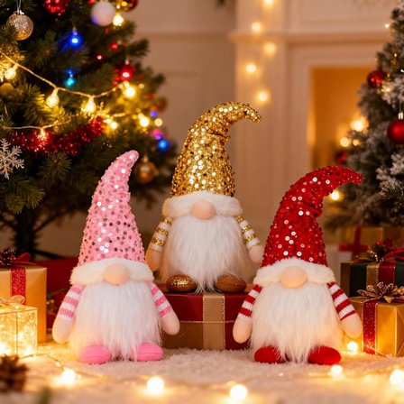 3 st Ljus Upp Tomte Juldekorationer Jultomtar med Glitterhatt, Ljus Upp Juldekorationer (Röd&Rosa&Gul)