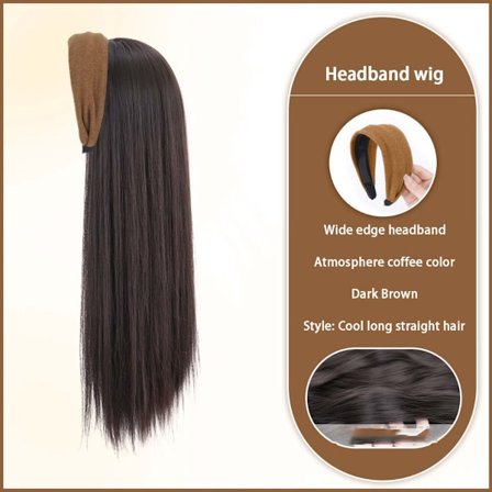 Hårbøjle Paryk Langt Glat Hår - Højtemperatur Fiber, Naturlig og Luftig, kompatibel med alle hovedstørrelser DarkBrown