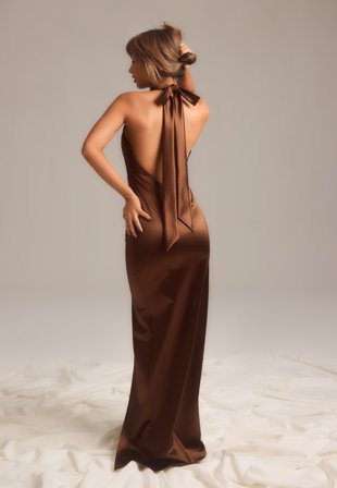 Bubbleroom Occasion - Stretch Satin Halterneck Gown - Brown - Kläder