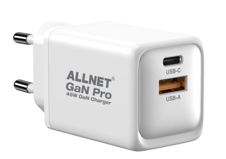 ALLNET Ersatznetzteil QC USB-C PD GaN Netzteil Power Supply 45 Watt 1x USB Typ-A QC, 1x USB Typ-C**EU PLUG**