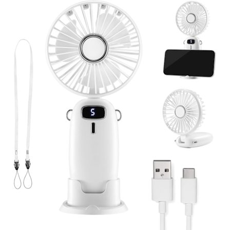 Portabel Fläkt - Mini Lätt USB-fläkt, 5 Hastigheter, 90° Vikbar, med 60cm Rem, Telefonhållare - för Kontor, Hem, Resor (Vit)