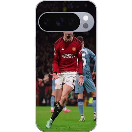 Google Pixel 10 Pro XL Gjennomsiktig deksel Fotballspiller i rød trøye feirer mål, kraftig sportsbilde perfekt for fotballfans, drama, energi og in