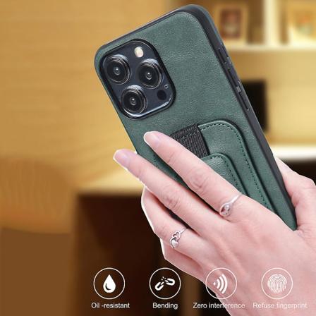 For iPhone 15 Pro PU Lærbelagt TPU Telefondeksel Rotasjonshåndtak Kickstand Kortlomme Black
