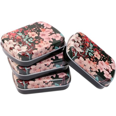 4 st små bärbara förvaringslådor i metall, mini rektangulära tomma burkar med lock (svart och blommig)