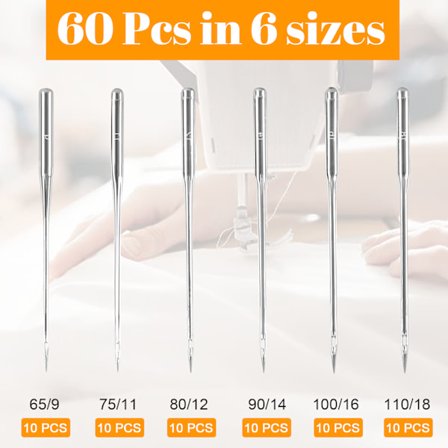 60 ompelukoneen neulaa, 6 kokoa yleiskäyttöisiä ompelukoneen neuloja 65/9, 75/11, 80/12, 90/14, 100/16, 110/18, ompelutarvikkeita ompelukoneeseen