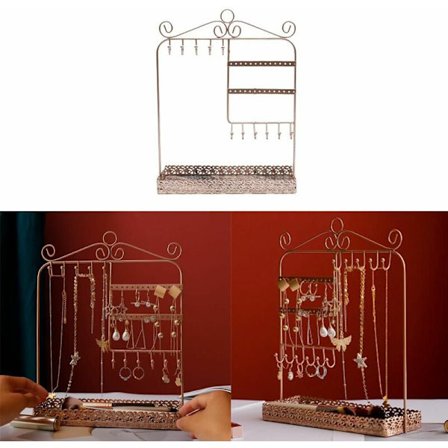 Smyckesställ för örhängen, kedjor och ringar - ca 25x10x33cm, - Dekorativ smyckeshållare i metall 4 nivåer, krok- och ringfack Smyckesförvaring