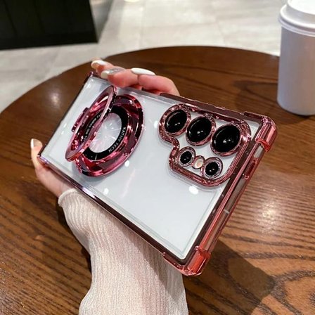 Four Corners Anti Drop Transparent Elektropläterat Magnetiskt Ställ Skyddsfodral kompatibelt Samsung Galaxy S25 S24 S23 S22 Ultra Plus FE