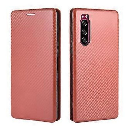 Kompatibel med Sony Xperia 5 II Kolfibermönster Premium Flipfodral med Korthållare Magnetisk Stängning - Brun
