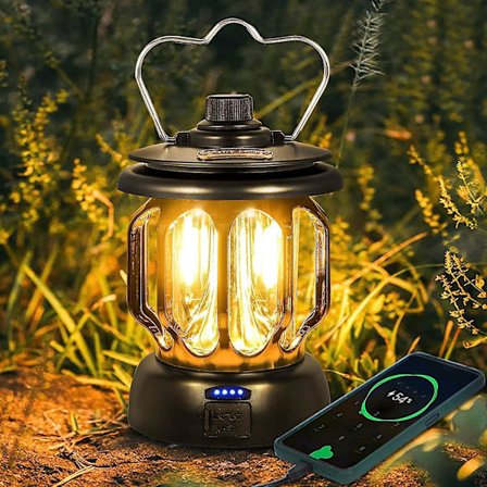 Sort LED USB Genopladelig Camping Lampe Vintage Dæmpbar Varmt Hvidt Lys 5200mAh Power Bank til Camping Fiskeri Vandrehule osv.