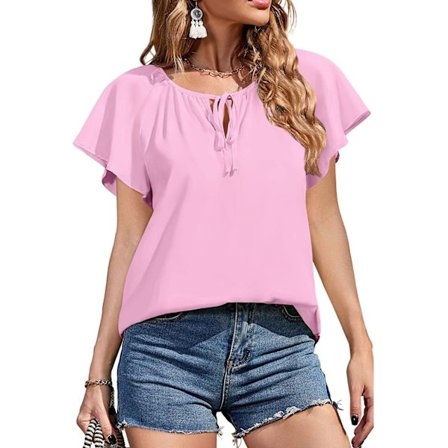 Kvinde Casual Chiffon Top Trykt V-hals Kortærmet Bluser Skjorte med Snøre til Sommer Pink XL