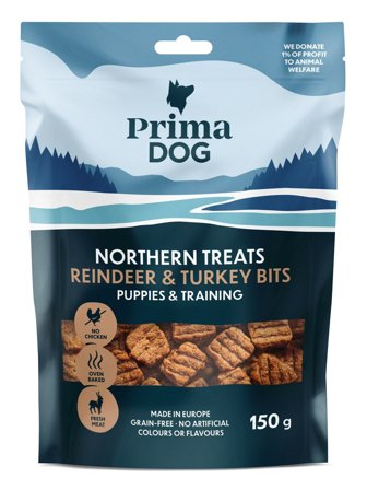PrimaDog Northern Treats Bits Ren-Kalkon för Valpar & Träning 150 g - Godis För Valp