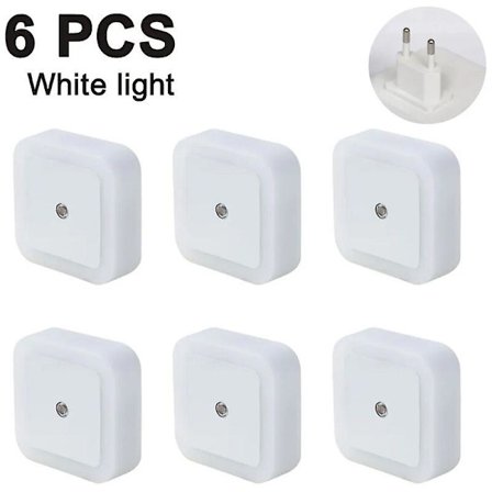Sett med 6 LED-nattlys 0,5w/110230v med energisparende stikkontakt, orienteringslys med skumringssensor, varmt hvitt automatisk lys for soverom