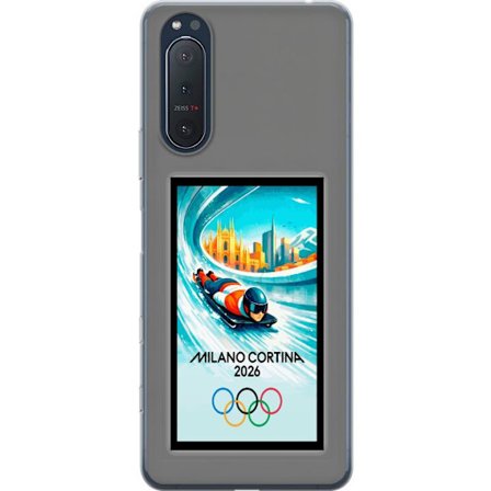Yhteensopiva Puhelinkuori Sony Xperia 5 II Dynaaminen kelkkailija tai skeleton-ajaja jääkanavalla Milanon Cortina 2026 kanssa, kaupunkinäkymä ja olymp