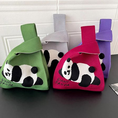 Panda Pattern Knitted Handbag Korean Casual Tote Bag Foldable Eco Shopping Bag Reusable Grocery Women Storage Bag Wrist Bag 2023