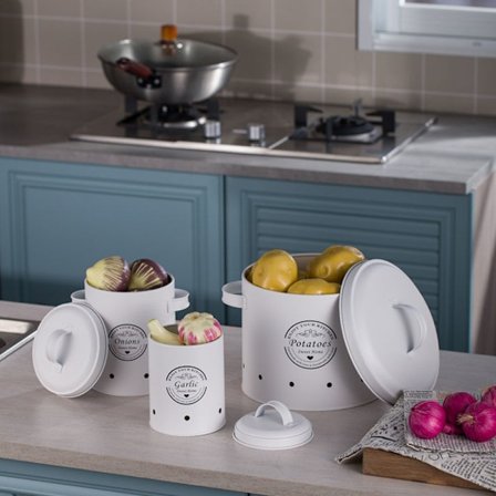 Tredelad uppsättning, vit, lökburk med lock, metallköksförvaring