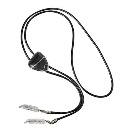 Unisex Bolo Tie Western Cowboy Läderrep Slips Vintage Triangulär Sten Smycken Fjäderhänge Western Halsband Svart