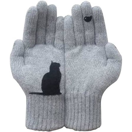 Vinterhandsker i bomuld til kat, varme uldvanter, tegnet kat, søde strikkede handsker, varme strikkede termiske handsker, tykke plys handsker