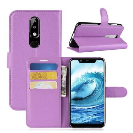 Nokia 5.1 Plus mobiletui i kunstlæder med Litchi overfalde og stativ - Lilla Purple
