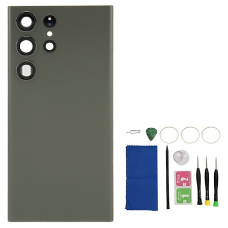 Matkapuhelimen lasinen takakansi, esiasennettu kameran linssi, täydellinen istuvuus, puhelimen takalasi, takakansi S23 Ultra Green