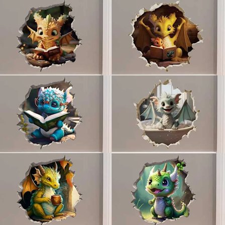 M454 Dragon Parent and Child Reading in Wall Hole Decal - Mouse Hole 3D Wall Sticker