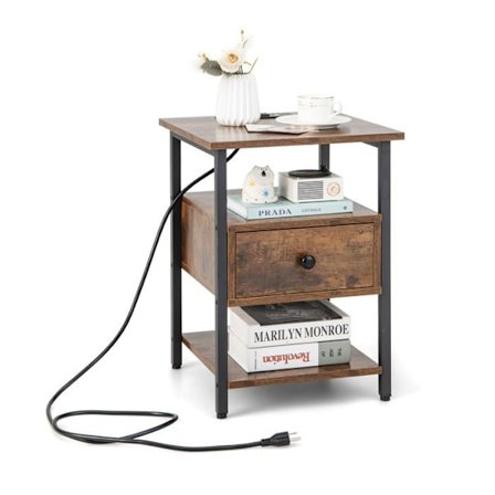 COSTWAY sengebord med ladestation, åbne hylder og skuffe, industriel stil, til soveværelse, stue, kontor