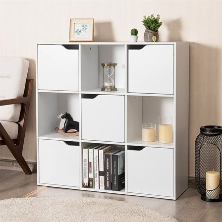 Kuutiohylly, jossa on 9 lokeroa ja magneettiset ovet – valkoinen