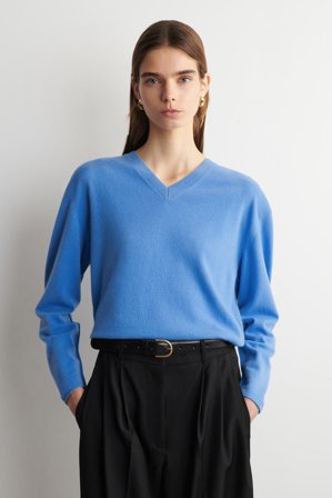 COS Femme Pull Col En V En Laine Mérinos Jumper in Bleu