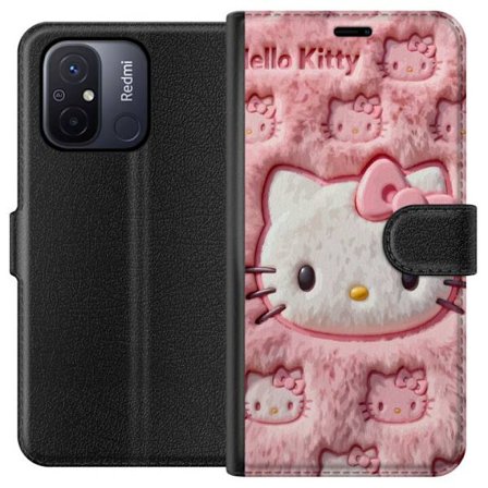 Yhteensopiva Lompakkokotelo Xiaomi Redmi 12C Hello Kitty vaaleanpunainen pörröinen tausta, jossa on ikoninen kasvot ja kawaii-esteettisyys