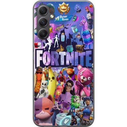 Yhteensopiva Puhelinkuori Samsung Samsung Galaxy A16 5G Fortnite kollaasi, jossa on ikonisia hahmoja, skinejä, Victory Royale ja vahvoja värejä, jo
