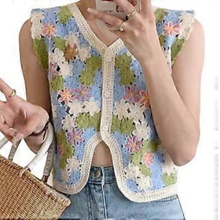 Ermeløs V-hals Heklet Vest Dame Vest Hule Strikket Fargeblokk Blomster Knappelukking Cropped Cardigan Topp Grønn (Grønn)