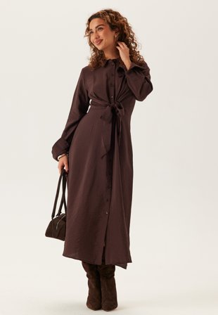Bubbleroom - Tie Detail Shirt Dress - Brown - Kläder