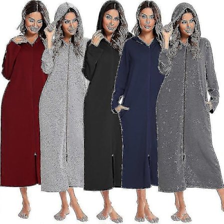 Lang damekåbe med hætte, badekåbe med lynlås, støvkåbe i fuld længde, ensfarvet lomme, morgenkåbe, nattøj