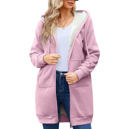 Hettegenser med lang erme for kvinner, fleecejakke med glidelås og lommer for høsten Rosenröd M