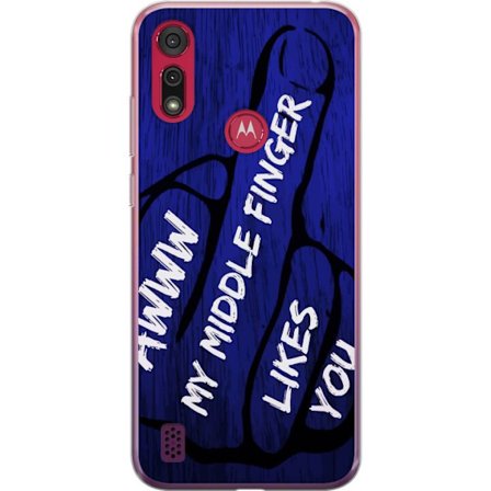 Kompatibelt Mobildeksel til Motorola Moto E6s (2020) Mørk typografisk illustrasjon med hjerteform og budskap om vennskap mot dyp blå tretekstur