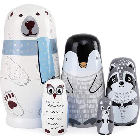 5 stk vakre håndlagde tre dyr russiske dukker gave isbjørn