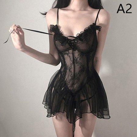 Sexet Lingeri Sort Blonde Kort Natkjole Kvinder Perspektiv Und