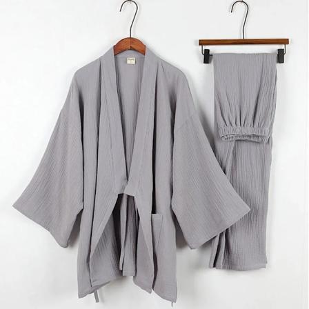Puuvilla Japanilainen Kimono Pyjama Miehille Pitkähihaiset Housut Casual Kotipalvelu Kaksi Osainen Puku Mukava Yöasu Plus Koko Gray L