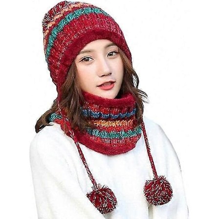 Strikket Hue og Halstørklæde Sæt Vinter Varm Tyk Hæklet Bobble Pom Pom Hue Udendørs Ski Snowboarding Cykling Bobble Kant Hatte med Fleece Foring