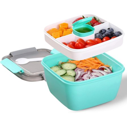Bærbar salat lunsjbeholder - 1124 ml salatbolle - 2 rom med dressingkopp, store bentobokser, matlaging for å gå beholdere for mat, frukt, snacks