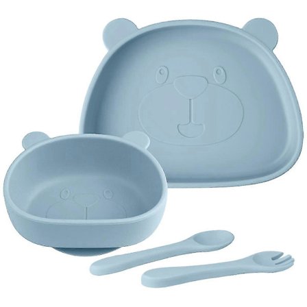 Barnesett med 4 tallerkener, silikon babytallerkener med skje og gaffel, oppvaskmaskinsikker, mikrobølgesikker PQ