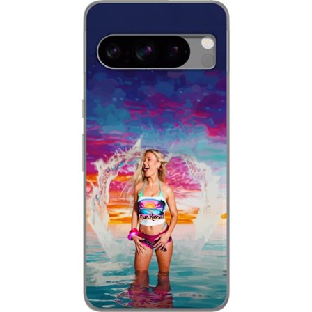 Yhteensopiva Puhelinkuori Google Pixel 8 Pro Vaalea nainen kirjavia rantavaatteita pelaa meressä auringonlaskun aikaan
