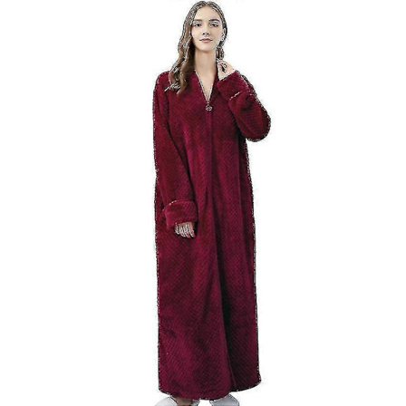 Dame Morgenkåpe med Glidelås, Flanellfleece, Varm Vintermorgenkåpe, Nattkjole Rød L