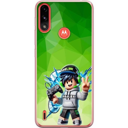 Kompatibelt Mobildeksel til Motorola Moto E7 Power Roblox-inspirert gamerfigur med headset, håndkontroll og energiske effekter mot grønn bakgrunn