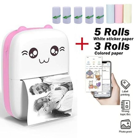 Mini portabel Bluetooth termisk skrivare, mobil fotoskrivare i fickformat, kompatibel med Android/iOS, 8 pappersrullar - Rosa
