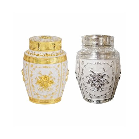 Suuri suljettu lasipurkki lemmikkieläinten tuhkaa varten, muistomerkkiastiat, hopea