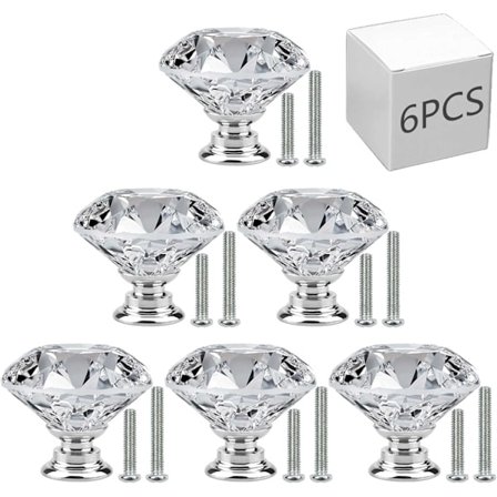 6-pakning skapknotter med skruer, 30 mm diamantformede krystallglasskuffer for skap, skuffer og kjøkken, baderomsskap, skrivebord