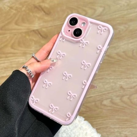 Case for iPhone 14, Clear Cute Ribbon Bow Pattern Aesthetic Transparent Phone Case Raised Camera Protection for Girls - Pink
