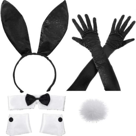 Kaninkostumesæt til jul, påske cosplay - Inkluderer kaninøre-hårbøjle, krave-butterfly, manchetter, lange sorte handsker og kaninhaletilbehør